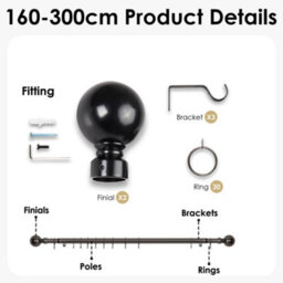 Oxford Homeware Satin Matte Black Effect Extendable Curtain Pole With Metal Ball Finials, (L)1600mm-3000mm (Dia) 28mm - thumbnail 4