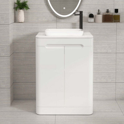 Royal Bathrooms Venice 600mm Gloss White Freestanding Bathroom Countertop Vanity Unit 2 Door With Qubix Basin - image 1