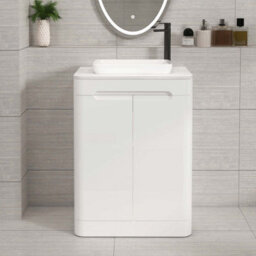 Royal Bathrooms Venice 600mm Gloss White Freestanding Bathroom Countertop Vanity Unit 2 Door With Qubix Basin - thumbnail 1