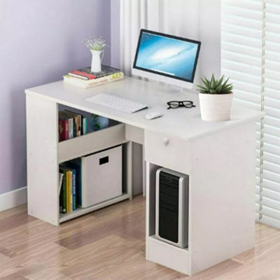 Modern H-Shaped Computer Desk With Storage Shelves & Drawer - White Home Office Pc Gaming Table - image 1