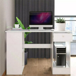 Modern H-Shaped Computer Desk With Storage Shelves & Drawer - White Home Office Pc Gaming Table - thumbnail 6