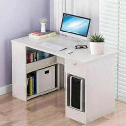 Modern H-Shaped Computer Desk With Storage Shelves & Drawer - White Home Office Pc Gaming Table - thumbnail 1