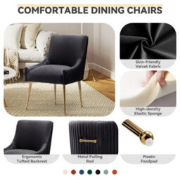 Seynar Velvet Upholstered Dining Chairs With Gold Legs Set Of 2, Black, Tufted Fabric For Kitchen Or Living Room - thumbnail 6