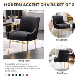 Seynar Velvet Upholstered Dining Chairs With Gold Legs Set Of 2, Black, Tufted Fabric For Kitchen Or Living Room - thumbnail 5