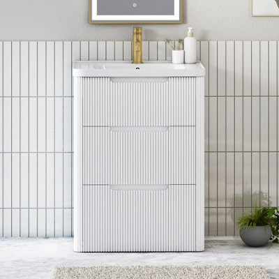 Royal Bathrooms Avenza 600mm Fluted Floor Standing Vanity Unit Matt White 3 Drawer Storage Cabinet With Ceramic Basin - image 1