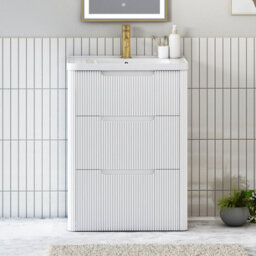 Royal Bathrooms Avenza 600mm Fluted Floor Standing Vanity Unit Matt White 3 Drawer Storage Cabinet With Ceramic Basin - thumbnail 1