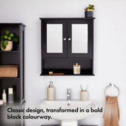 Bathroom Mirror Cabinet Wall Mounted Black 2 Door Storage Cupboard - thumbnail 3