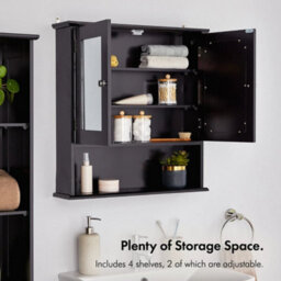 Bathroom Mirror Cabinet Wall Mounted Black 2 Door Storage Cupboard - thumbnail 4