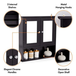 Bathroom Mirror Cabinet Wall Mounted Black 2 Door Storage Cupboard - thumbnail 7