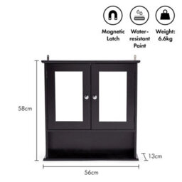 Bathroom Mirror Cabinet Wall Mounted Black 2 Door Storage Cupboard - thumbnail 2