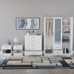 Lassic Vida Designs Riano 4 Piece Bedroom Set (1 Drawer Bedside Chest, 5 Drawer Chest, 3 Door 2 Drawer Mirrored Wardrobe), White - thumbnail 2