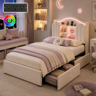 Matteo 3Ft Single Kids Bed Frame, Upholstered Velvet With Led Headboard, Charging Station & Storage Drawers, Cream White - image 1