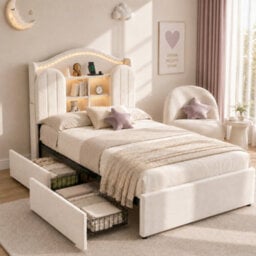 Matteo 3Ft Single Kids Bed Frame, Upholstered Velvet With Led Headboard, Charging Station & Storage Drawers, Cream White - thumbnail 3
