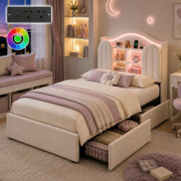 Matteo 3Ft Single Kids Bed Frame, Upholstered Velvet With Led Headboard, Charging Station & Storage Drawers, Cream White - thumbnail 1