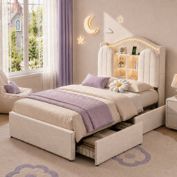Matteo 3Ft Single Kids Bed Frame, Upholstered Velvet With Led Headboard, Charging Station & Storage Drawers, Cream White - thumbnail 5