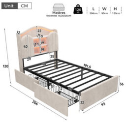 Matteo 3Ft Single Kids Bed Frame, Upholstered Velvet With Led Headboard, Charging Station & Storage Drawers, Cream White - thumbnail 8