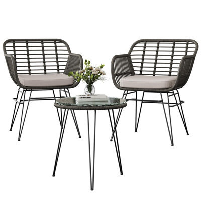 3 Piece Pe Rattan Bistro Set, 2 Armchairs And Tempered Glass Table, Removable Washable Outdoor Cushions, Gray + Off-White - image 1