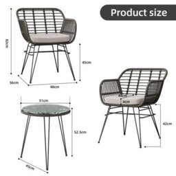 3 Piece Pe Rattan Bistro Set, 2 Armchairs And Tempered Glass Table, Removable Washable Outdoor Cushions, Gray + Off-White - thumbnail 4