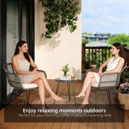 3 Piece Pe Rattan Bistro Set, 2 Armchairs And Tempered Glass Table, Removable Washable Outdoor Cushions, Gray + Off-White - thumbnail 3