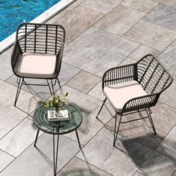 3 Piece Pe Rattan Bistro Set, 2 Armchairs And Tempered Glass Table, Removable Washable Outdoor Cushions, Gray + Off-White - thumbnail 6