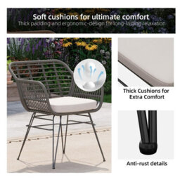 3 Piece Pe Rattan Bistro Set, 2 Armchairs And Tempered Glass Table, Removable Washable Outdoor Cushions, Gray + Off-White - thumbnail 5