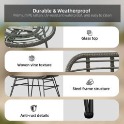 3 Piece Pe Rattan Bistro Set, 2 Armchairs And Tempered Glass Table, Removable Washable Outdoor Cushions, Gray + Off-White - thumbnail 2