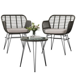3 Piece Pe Rattan Bistro Set, 2 Armchairs And Tempered Glass Table, Removable Washable Outdoor Cushions, Gray + Off-White