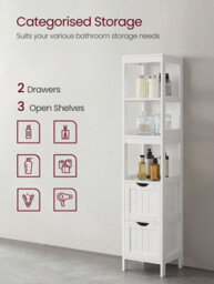 Songmics Vasagle Tall Bathroom Cabinet With Feet And Slim Column With 2 Drawers And 3 Open Compartments, 30 X 30 X 141.5 Cm, White - thumbnail 4