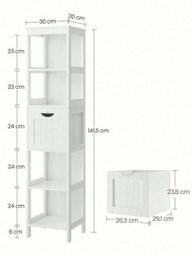 Songmics Vasagle Tall Bathroom Cabinet With Feet And Slim Column With 2 Drawers And 3 Open Compartments, 30 X 30 X 141.5 Cm, White - thumbnail 6