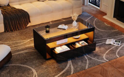 High Gloss Black Coffee Table With Open Storage, Glass Top, 2 Drawers & Led Lights - thumbnail 8