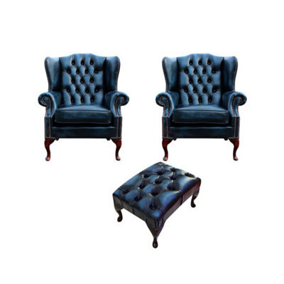 Chesterfield 2 X Wing Chair + Footstool Antique Blue Leather In Mallory Style - image 1
