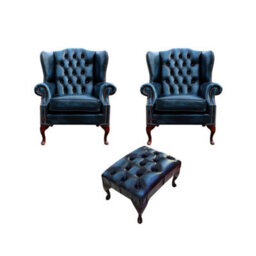 Chesterfield 2 X Wing Chair + Footstool Antique Blue Leather In Mallory Style - thumbnail 1