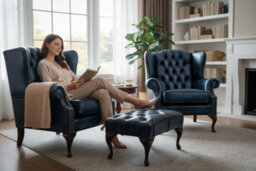 Chesterfield 2 X Wing Chair + Footstool Antique Blue Leather In Mallory Style - thumbnail 2