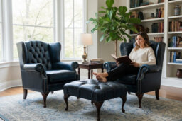 Chesterfield 2 X Wing Chair + Footstool Antique Blue Leather In Mallory Style - thumbnail 3