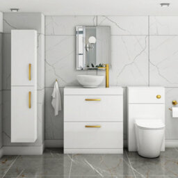 Royal Bathrooms 800mm Floor Standing Vanity Unit 2 Drawer Gloss White & Countertop Basin - Breeze With Brushed Brass Handle - thumbnail 2