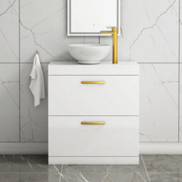 Royal Bathrooms 800mm Floor Standing Vanity Unit 2 Drawer Gloss White & Countertop Basin - Breeze With Brushed Brass Handle - thumbnail 1