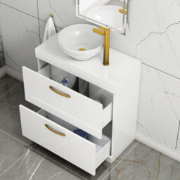 Royal Bathrooms 800mm Floor Standing Vanity Unit 2 Drawer Gloss White & Countertop Basin - Breeze With Brushed Brass Handle - thumbnail 3