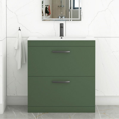 Royal Bathrooms Turin 800mm Floor Standing Vanity Unit Matt Green 2 Drawer Minimalist Basin With Matt Black Handles - image 1