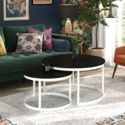 Okin 2 Piece Coffee Table Set Modern Metal Base With Durable Laminated Pvc Tops Large Small Duo Legs White Tabletop Black