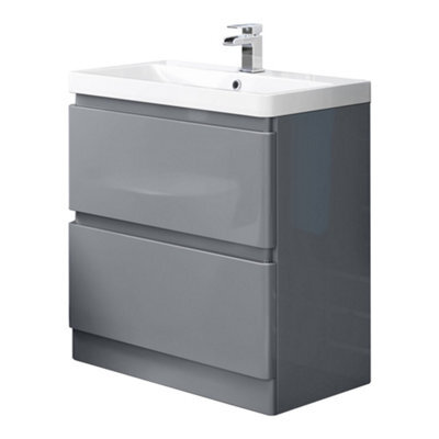 Sundaze Floor Standing 2 Drawer 800mm Gloss Grey Vanity Unit Basin Storage Bathroom Furniture - image 1