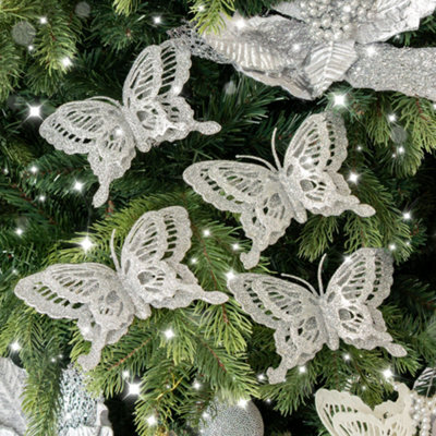 Melody Maison Set Of 4 Silver Glitter Butterfly Christmas Decoration Clips - image 1