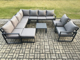 Fimous Outdoor Garden Furniture Patio Lounge Corner Sofa Aluminium Set With Square Coffee Table Big Footstool 2 Chair - thumbnail 2