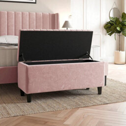 120Cm Lined Upholstered Ottoman Storage Box - Pink Plush Velvet Blanket Storage Box With Wooden Legs - thumbnail 2