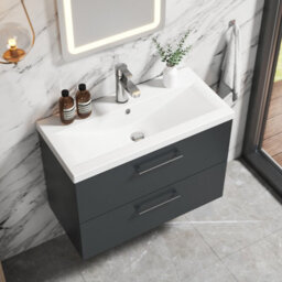 Balterley Bramshall Modern Bathroom Wall Hung 2 Soft Close Drawer Vanity Unit & Mid-Edge Basin, Dark Grey, 810mm - thumbnail 3