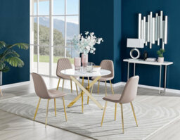 Furniturebox Uk Novara White Gloss Gold Leg Round Dining Table & 4 Cappuccino Corona Gold Leg Chairs