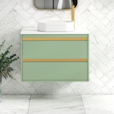 Royal Bathrooms Orion 800mm Mint Sage Wall Hung Plain White Countertop Vanity Unit 2 Drawer With Lyon Basin & Brushed Brass Accent Trim - image 1