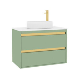 Royal Bathrooms Orion 800mm Mint Sage Wall Hung Plain White Countertop Vanity Unit 2 Drawer With Lyon Basin & Brushed Brass Accent Trim - thumbnail 6
