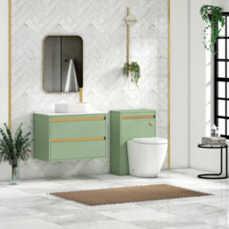 Royal Bathrooms Orion 800mm Mint Sage Wall Hung Plain White Countertop Vanity Unit 2 Drawer With Lyon Basin & Brushed Brass Accent Trim - thumbnail 3