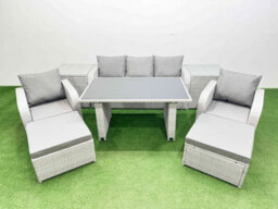 Fimous Outdoor Rattan Garden Furniture Dining Set 7-Seater Patio Rectangular Table 3 Seater Sofa Set With 2 Side Tables 2 Stools - thumbnail 2