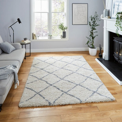 Cream Grey Shaggy Modern Moroccan Easy To Clean Geometric Rug Dining Room-160Cm X 220Cm - image 1